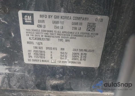 2020 Chevrolet Trax Fwd Ls из США, поврежденный, VIN KL7CJKSB9LB317981